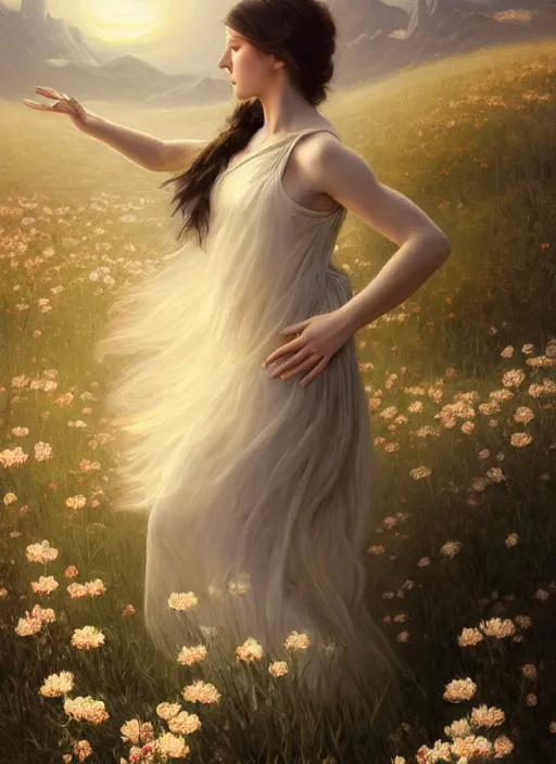 Prompt: oil painting portrait of a young woman with long dark flowing hair in a dress made of white flowers, dancing levitating floating over a field of flowers at sunset with mountains in the background, hazy, digital art, chiaroscuro, artstation, cinematic, golden hour, digital art painting by greg rutkowski, bouguereau, hazy atmosphere, flowers, cinematic lighting