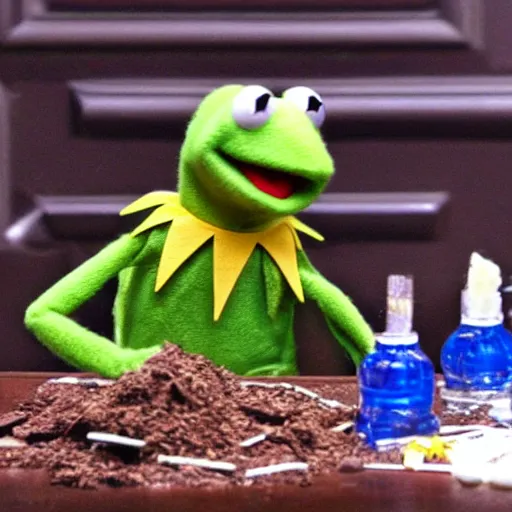 Image similar to kermit the frog heroin habit, addict, junky,