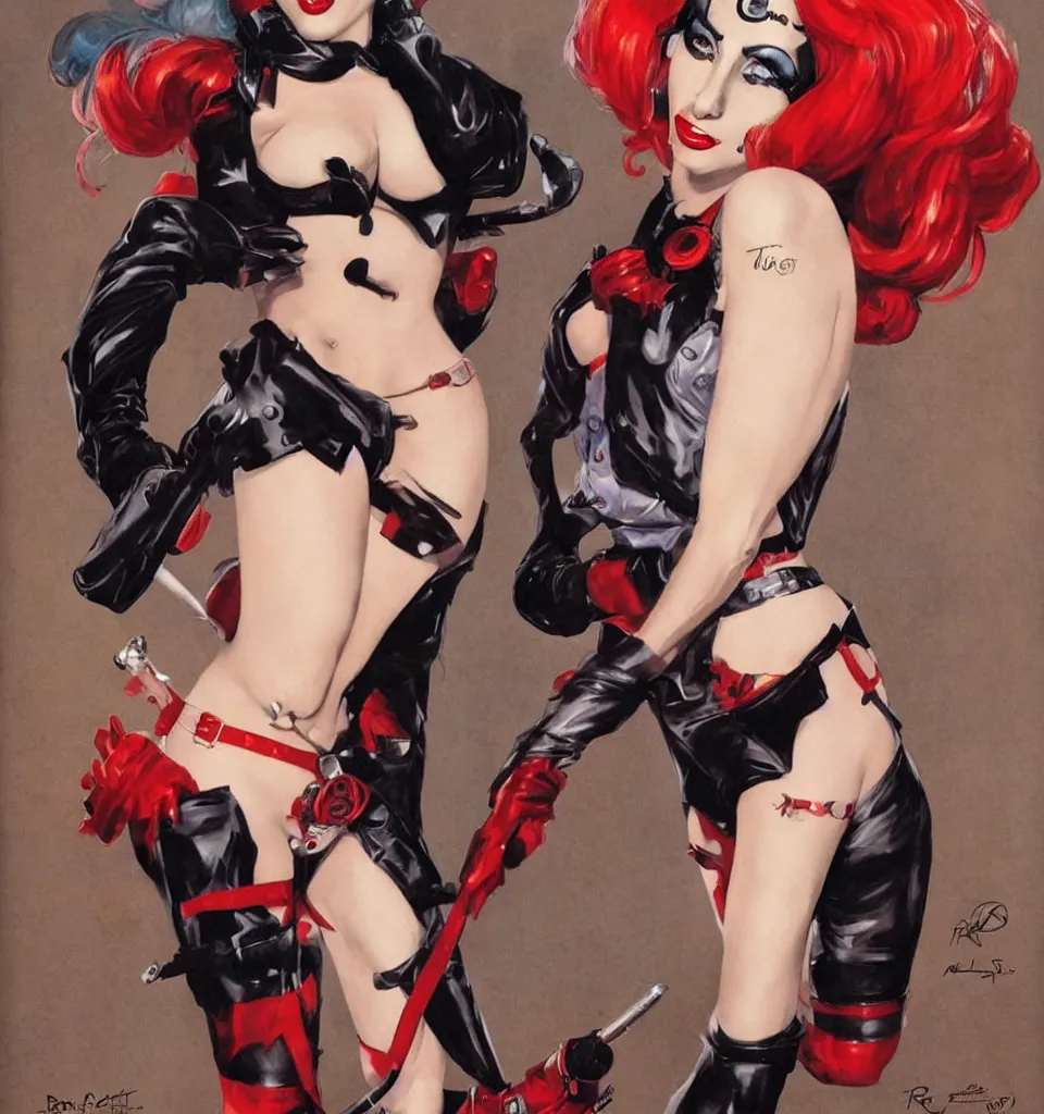 Image similar to a beautiful pinup art of lady gaga dressed up as harley quinn, single full body portrait poster, by robert mcginnis