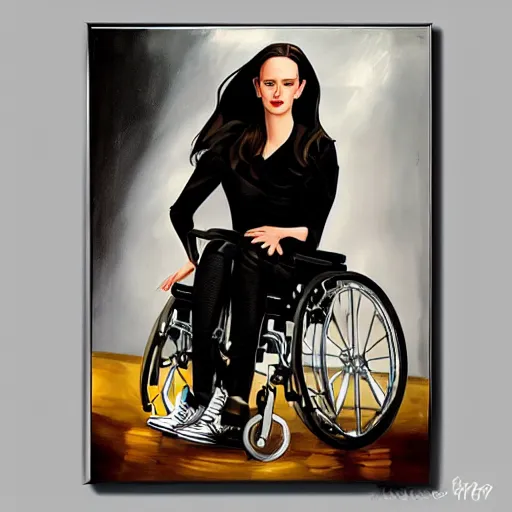 Prompt: modern stylized oil painting caricature of sansa eva green in wheelchair, cinematic dramatic lighting