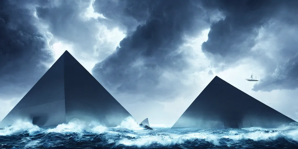 Prompt: titanium white pyramid in the middle of a stormy ocean, crashing waves, futuristic white glossy ships hovering around, art direction by beeple, enigmatic scene, rembrandt lighting, unreal engine, ray - tracing, 4 k, high detail