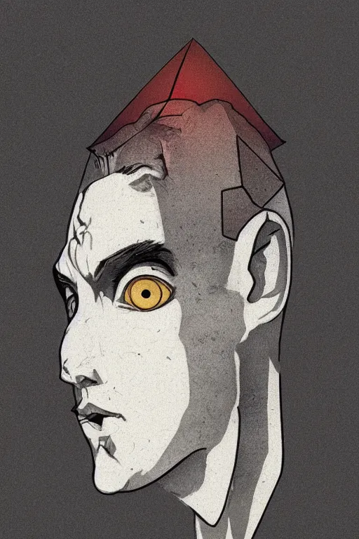 Image similar to portrait of triangle shaped head with single giant bloodshot eye, in the style of Greg Broadmore and Arthur Rackham,trending on artstation, light lighting side view,digital art,surrealism ,macro,blueprint ,vaporwave ,