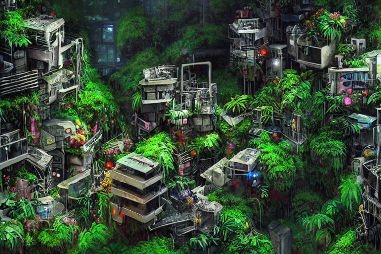 Image similar to favela winding cybernetic bunker, lush floral jungle environment, industrial factory, haunting, award winning art, epic dreamlike fantasy landscape, ultra realistic,