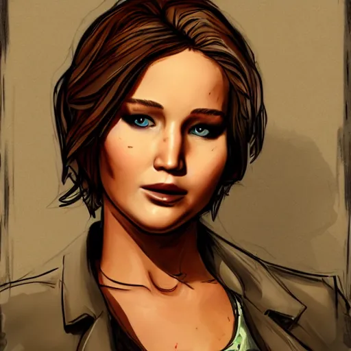 Image similar to jennifer lawrence portrait, borderlands, tales from the borderlands, the wolf among us, comic, cinematic lighting, studio quality, 8 k