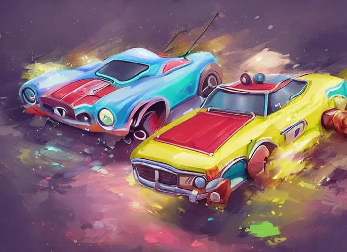 Image similar to concept design of cute candy cars for a aaa game, must be made by types of candy the car, oil painting by eren arik and jama jurabaev, extremely detailed, brush hard, artstation, high quality, brush stroke