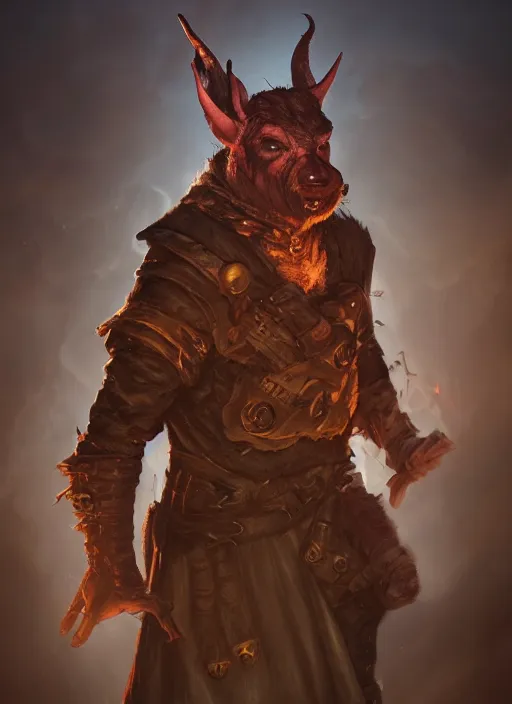 Image similar to A fantasy comic book style portrait painting of a hogoblin as a Sorcerer in a atmospheric dark fortress, unreal 5, DAZ, hyperrealistic, octane render, RPG portrait, ambient light, dynamic lighting