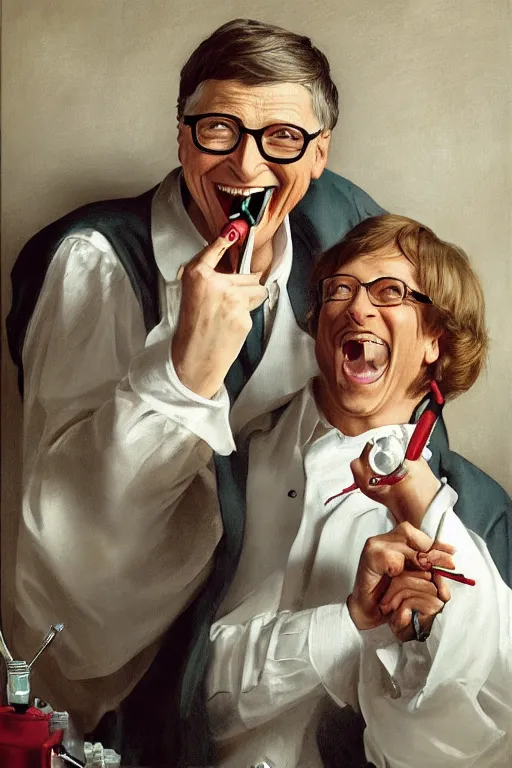 Prompt: Bill Gates smiling maniacally, holding a syringe, threatening to inject a frightened woman, artstation, by J. C. Leyendecker and Peter Paul Rubens,