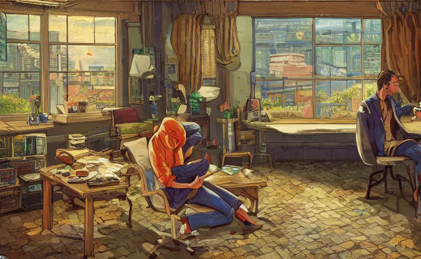 Prompt: Pulp-novel Character sitting and relaxing in front of their work desk in their cozy room as a peaceful rainy city scene is seen through the room's window. Smooth Highly detailed masterpiece pixel-art. in the style of Close Highly detailed masterpiece professional artistry Sega, Namco, Neogeo, Capcom artist's Pixel-art. Trending on artstation. Slice-of-life genre art. Balanced colors and lighting scheme by James Gurney and artgerm. In the style of a 'Music to chill/study' to youtube video.