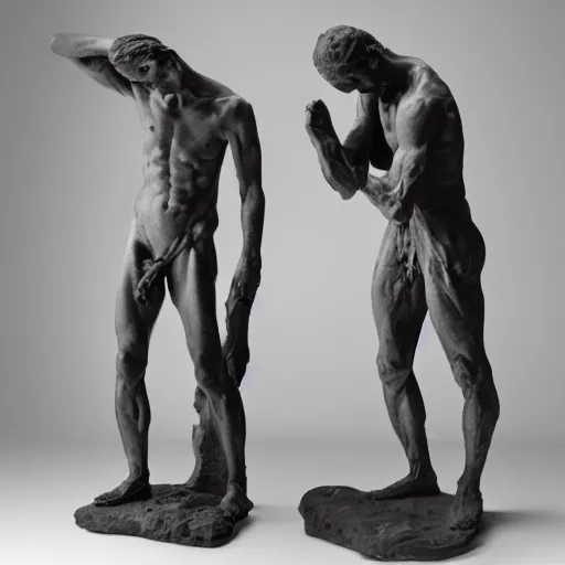 Image similar to a physical sculpture of struggle, two sides of a person by augustus rodin