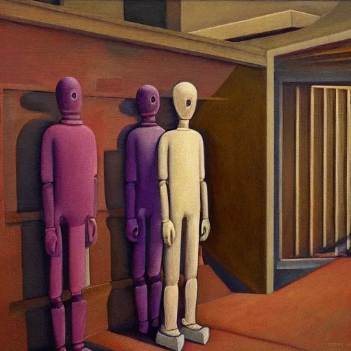 Image similar to robot bishop guards, human prisoners, brutalist prison ship, end times, grant wood, pj crook, edward hopper, oil on canvas