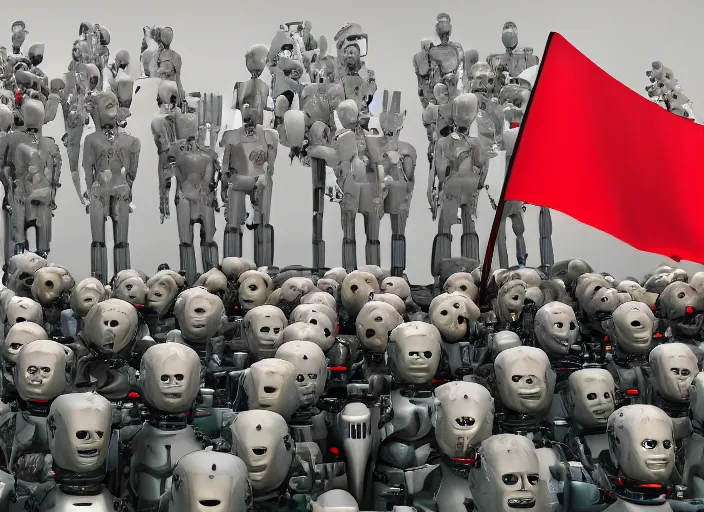 Prompt: dystopian art, humanoid robot dictator giving a propaganda speech to human like robots surround by two large red flags with robot heads on them