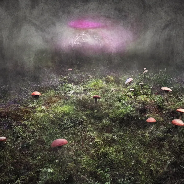 Image similar to a planet of various fungus, mushrooms and plants, inside the picture is infinity, Atmospheric phenomenon, artistic photography, muted colors, conceptual, long exposure outside the city, volumetric light