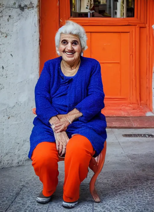 Image similar to Mid-shot portrait of a 65-year-old woman from Cyprus, happy, smiling, strong blue and orange colors, candid street portrait in the style of Martin Schoeller award winning, Sony a7R