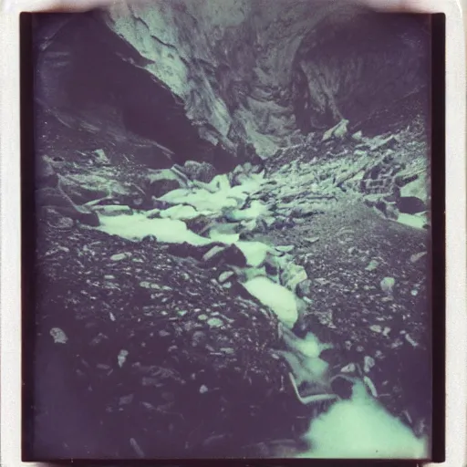 Image similar to a dark glacier cave with a low ceiling, small stream of water, icicles, deep, dark, creepy, eerie, unsettling, terrifying, old polaroid, expired film, deep, rough water,