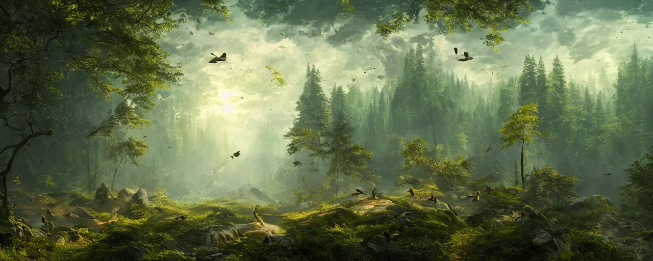 Prompt: birds flying in the forrest, beautiful dynamic lighting, cinematic, wide angle establishing shot, extremely high detail, photo realistic, cinematic lighting, post processed, concept art, artstation, matte painting, style by frederic church, raphael lacoste, unreal engine 8 k