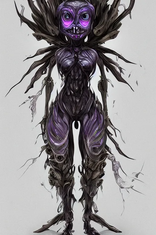 Prompt: a humanoid figure viola monster with large glowing eyes, highly detailed, digital art, sharp focus, trending on art station, pansy, anime art style