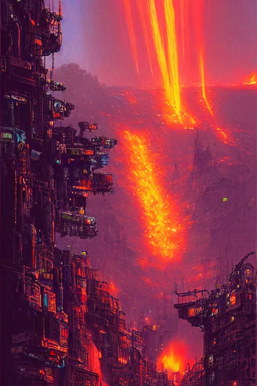 Image similar to a cyberpunk city in the crater of a volcano, lava flowing, smoke, fire, neon, industrial, by paul lehr, jesper ejsing