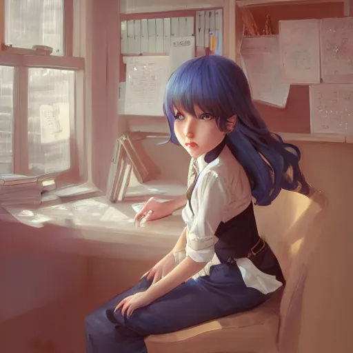 Prompt: a beautiful detective girl sitting in her office | | cute - fine - face, pretty face, fine details by stanley artgerm lau, wlop, rossdraws, james jean, andrei riabovitchev, marc simonetti, and sakimichan, trending on artstation