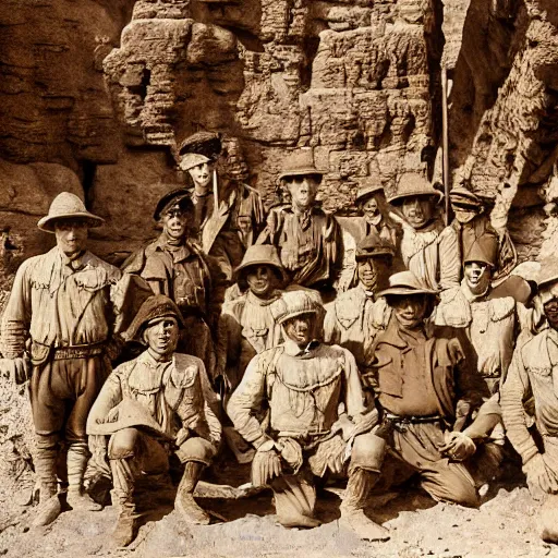 Image similar to ultra detailed photorealistic sepia - toned photo from 1 9 1 7, a small group of british soldiers standing with bedouin traders in traditional arab garb, at an archaeological dig site in wadi rum, ultra realistic, painted, intricate details, lovecraft, atmospheric, dark, horror, brooding, highly detailed, by clyde caldwell