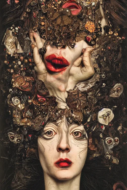 Image similar to Detailed maximalist portrait with large lips and with large eyes, angry, exasperated expression, HD mixed media, 3D collage, highly detailed and intricate illustration in the style of Caravaggio, dark art, baroque