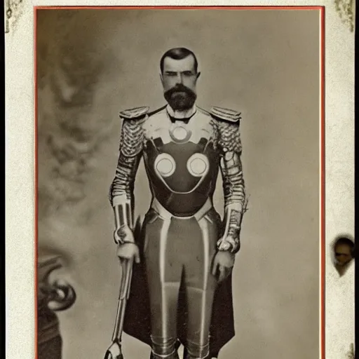 Prompt: tsar nicholas ii as iron man, historical photograph, highly detailed, full length portrait