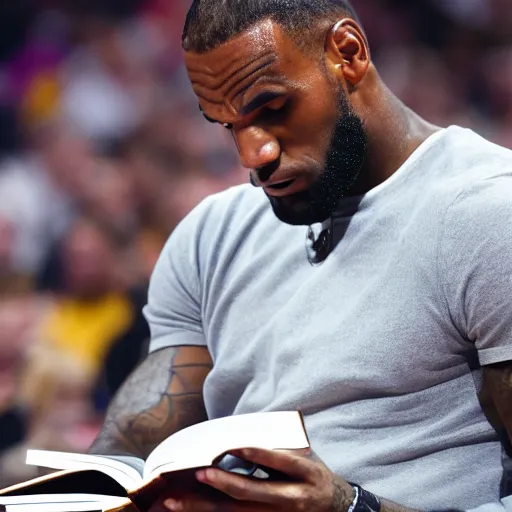 Prompt: professional close up shot photograph of lebron james reading a book while in an nba game, award - winning photograph, highly detailed, dramatic posing, 8 k quality, high quality