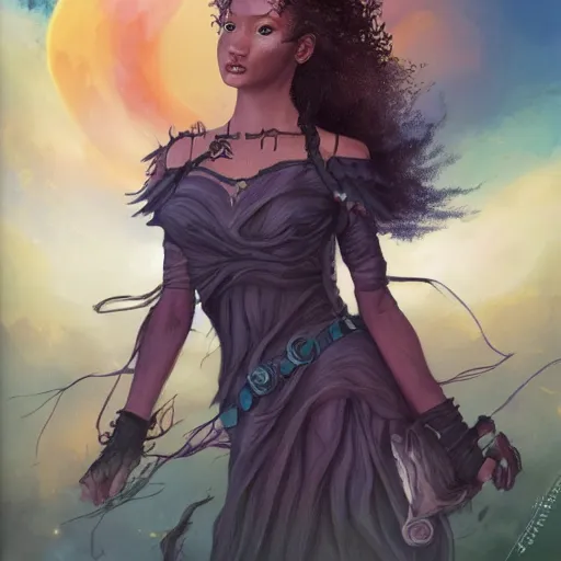 Prompt: happy birthday beautiful worrier girl, cover of a magnificent fantasy book by Neil Gaiman, highly detailed portrait of a beautiful black hair girl, trending on artstation