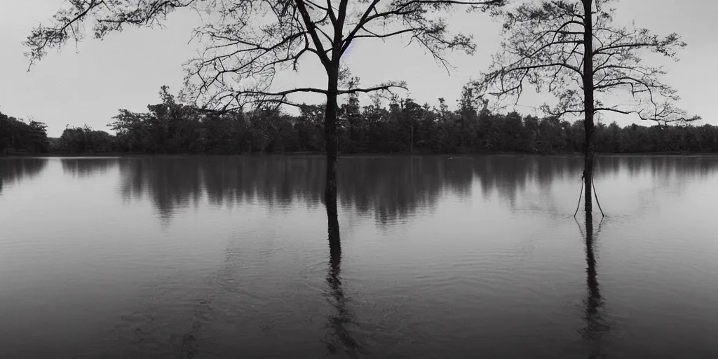 Prompt: symmetrical photograph of an infinitely long rope floating on the surface of the water, the rope is snaking from the foreground stretching out towards the center of the lake, a vortex in the middle of a dark lake on a cloudy day, trees in the background, anamorphic lens