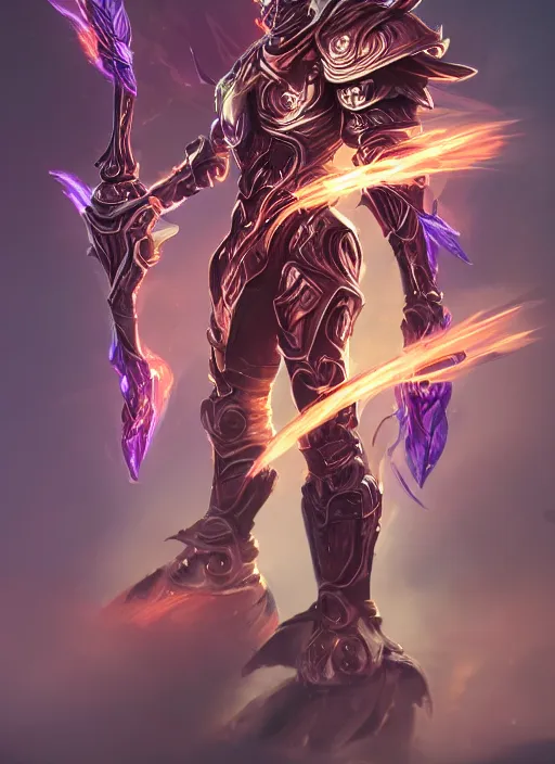 Prompt: a highly detailed illustration of futuristic cyber knight with flowing flaming plume with arm blades, rigid bulky armor, glowing purple line cracks in armor, dramatic standing pose, intricate, elegant, highly detailed, centered, digital painting, artstation, concept art, smooth, sharp focus, league of legends concept art, WLOP