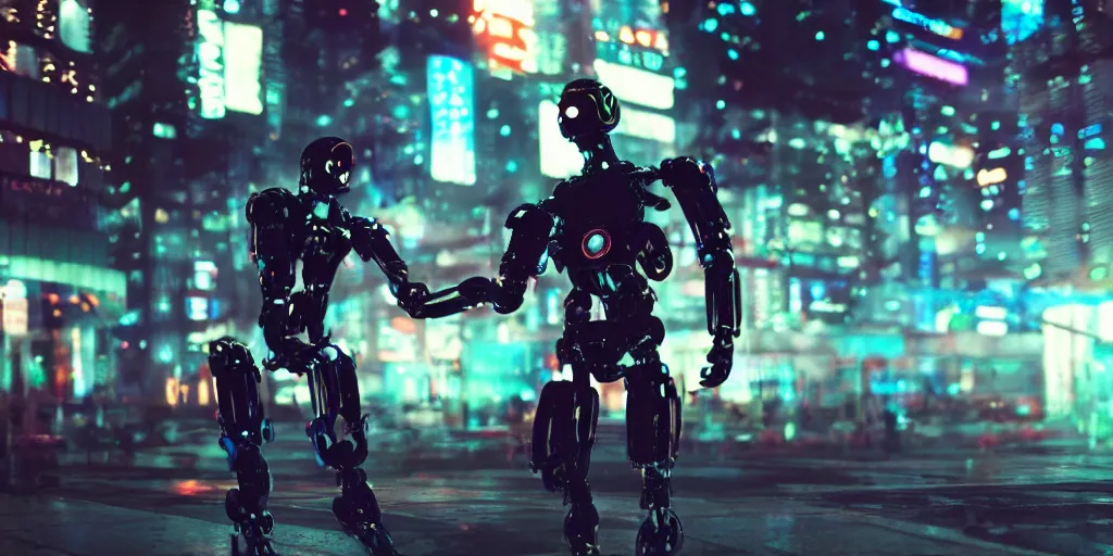 Image similar to Cyberpunk android chrome Robot dramatic movie scene with dynamic movement and motion blur and bokeh, shot on imax, cinematic scene, cinematographic composition, CineStill 800T Film