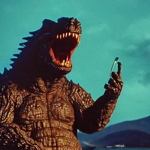 Image similar to godzilla wearing shades and smoking a blunt of marijuana