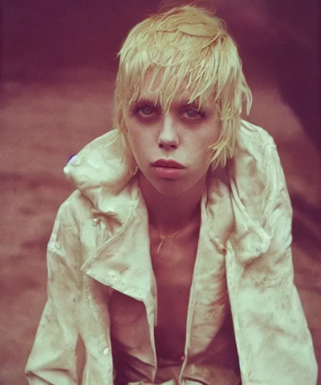 Image similar to a color photograph of edie campbell, bleached blonde short hair, by nan goldin, intense, bold, hyperrealistic, ultra sharp, extra details, ultra high quality, trending on pinteresst