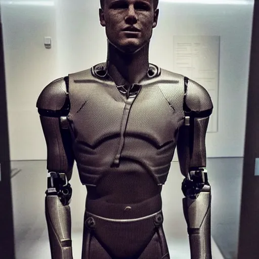 Image similar to “ a realistic detailed photo of a guy who is an attractive humanoid who is half robot and half humanoid, who is a male android, football player christian mccaffrey, shiny skin, posing like a statue, blank stare, at the museum, on display ”