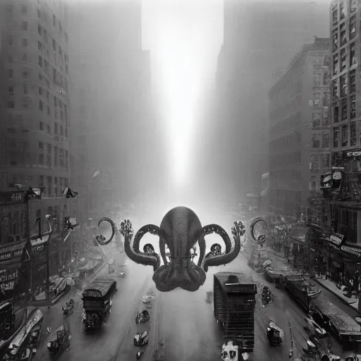 Image similar to old black and white photo, 1 9 1 3, depicting a giant alien dieselpunk octopus rampaging through the bustling streets of new york city, historical record, volumetric fog