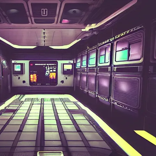 Prompt: “walking through a space station terminal in the architectural style of Alien Isolation. Noticing the attention to detail in the retro futuristic aesthetic”