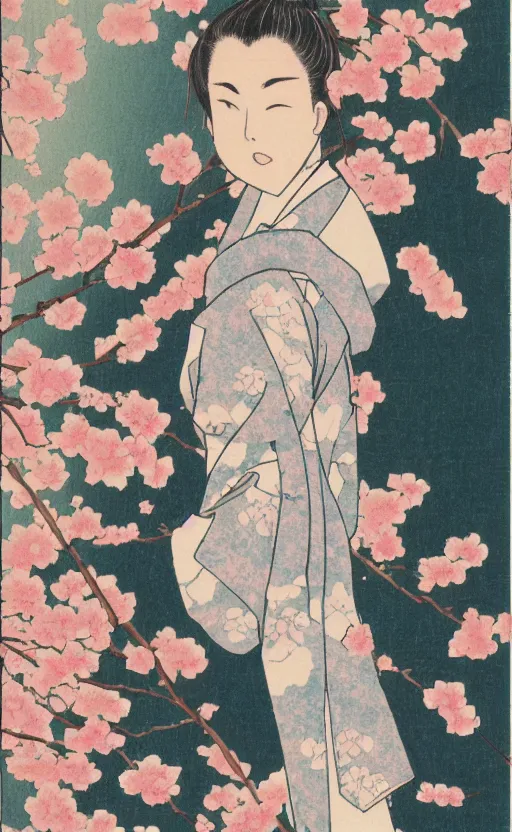 Image similar to by akio watanabe, manga art, blossoming sakura petals and white sky, trading card front, kimono, sun in the background