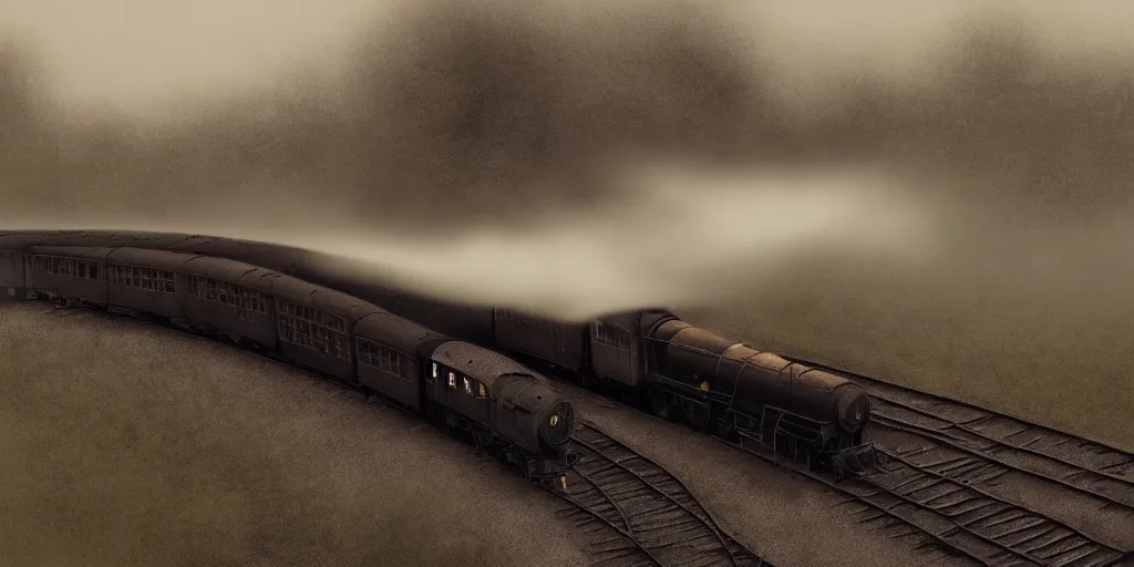 Image similar to an old steam train, steam, bridge by Aron Wiesenfeld and beksincki, cinematic, detailed illustration, nature, fog, dark colors, suspense, intricate, 8k