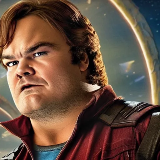 Prompt: film still of Jack Black as Star Lord in Guardians of the Galaxy