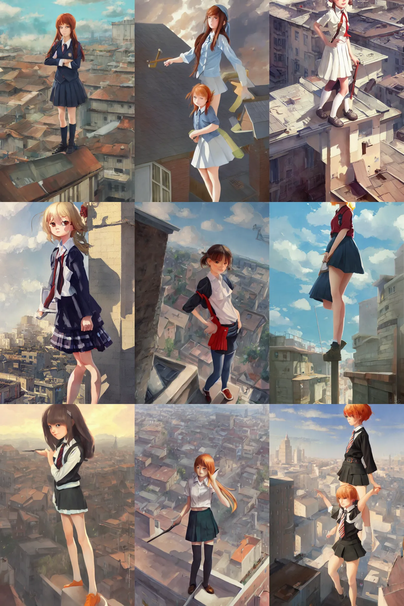 Prompt: gouache of a cute girl wearing school uniform standing on the edge of the roof of a tall building, armed, 8 k wallpaper, high detailed, illustration, morandi color scheme, art station, by krenz cushart