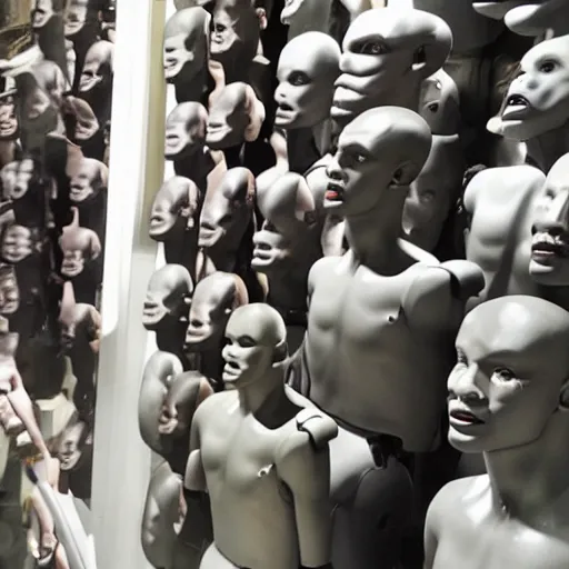 Prompt: a room full of will smith mannequins