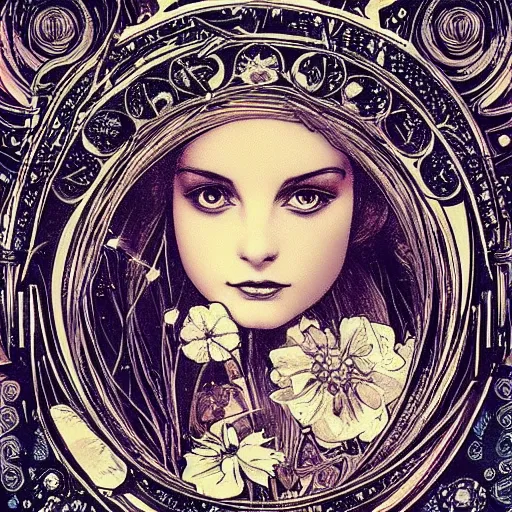 Image similar to Alice in Wonderland,Diamonds Blaze,Rose twining,out of time and space,dreamy, eternity, romantic,highly detailed,in the style of Alphonse Maria Mucha, highly detailed,night lighting