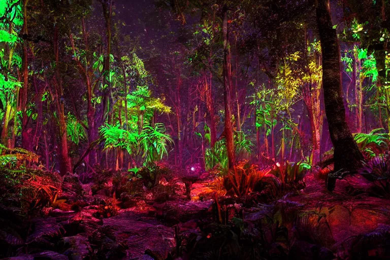 Image similar to scene still of avatar variety bioluminescent forest at night. 4 k cinematic cg weta weta weta color grading lut balance perfect lighting