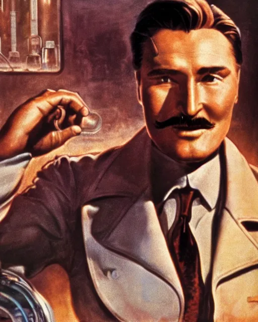 Image similar to Errol Flynn as a scientist. 1980s dystopian Soviet Russia, propaganda screens. Unreal engine, fantasy art by Adolph von Menzel. Faithfully depicted facial expression, perfect anatomy global illumination, radiant light, detailed and intricate environment