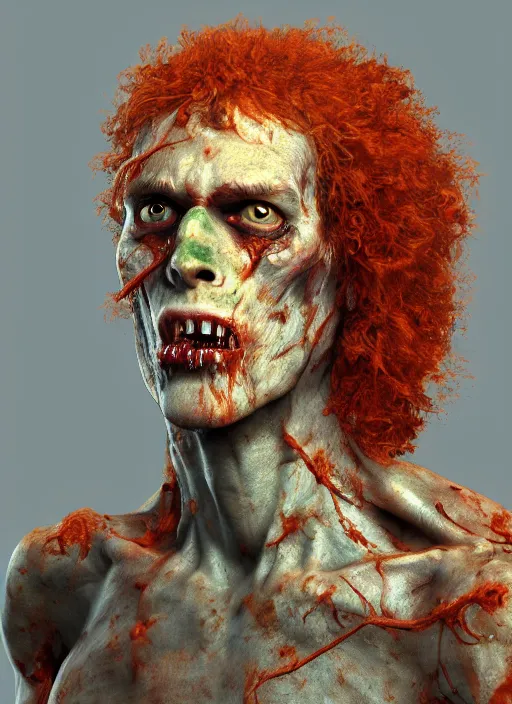 Image similar to zombie portrait of curly orange hair man from dark souls, au naturel, hyper detailed, digital art, trending in artstation, cinematic lighting, studio quality, smooth render, unreal engine 5 rendered, octane rendered, art style by klimt and nixeu and ian sprigger and wlop and krenz cushart.