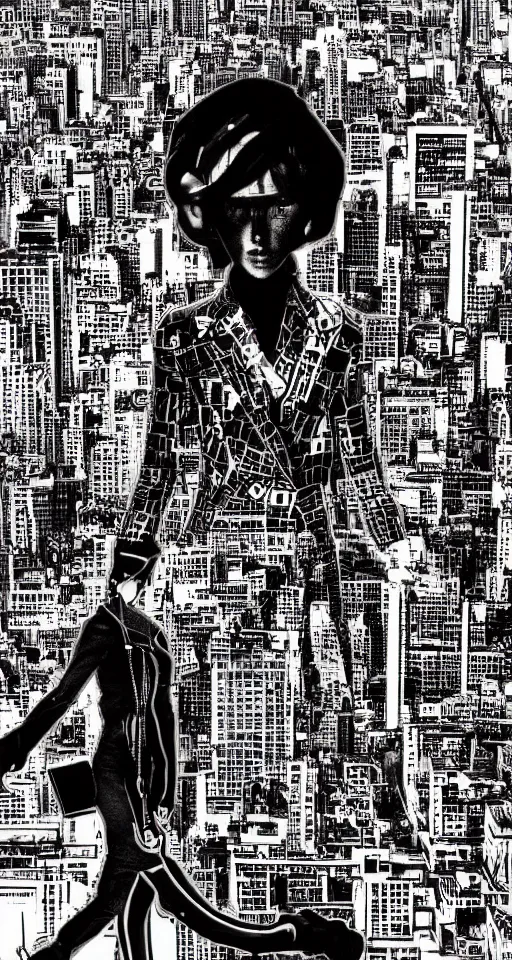 Image similar to cypherpunk fashion illustration, camera face, black and white and red, manga, city street background with high tall buildings, central park, abstract landscape, diane arbus, highly detailed, finely detailed, shadows realism