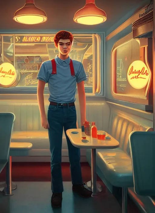 Prompt: portrait of teenage archie andrews, in a classic 5 0 s diner, misty, atmospheric, riverdale, intricate, elegant, glowing lights, highly detailed, digital painting, artstation, sharp focus, illustration, art by wlop, mars ravelo and greg rutkowski