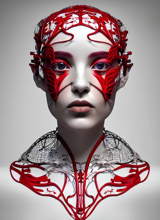 Image similar to complex 3d render ultra detailed of a beautiful porcelain profile young woman face, biomechanical cyborg, 200 mm lens, beautiful studio soft light, rim light, silver white gold red details, cubist magnolia monochromatic red big leaves and stems, roots, fine foliage lace, mesh wire, Alexander Mcqueen high fashion haute couture, art nouveau fashion embroidered, multilayered fabrics, intricate details, hyper realistic, ultra detailed, mandelbrot fractal, anatomical, facial muscles, cable wires, microchip, elegant, octane render, H.R. Giger style, black eyes, plump lips, volumetric lighting, 8k post-production, trending on Artstation