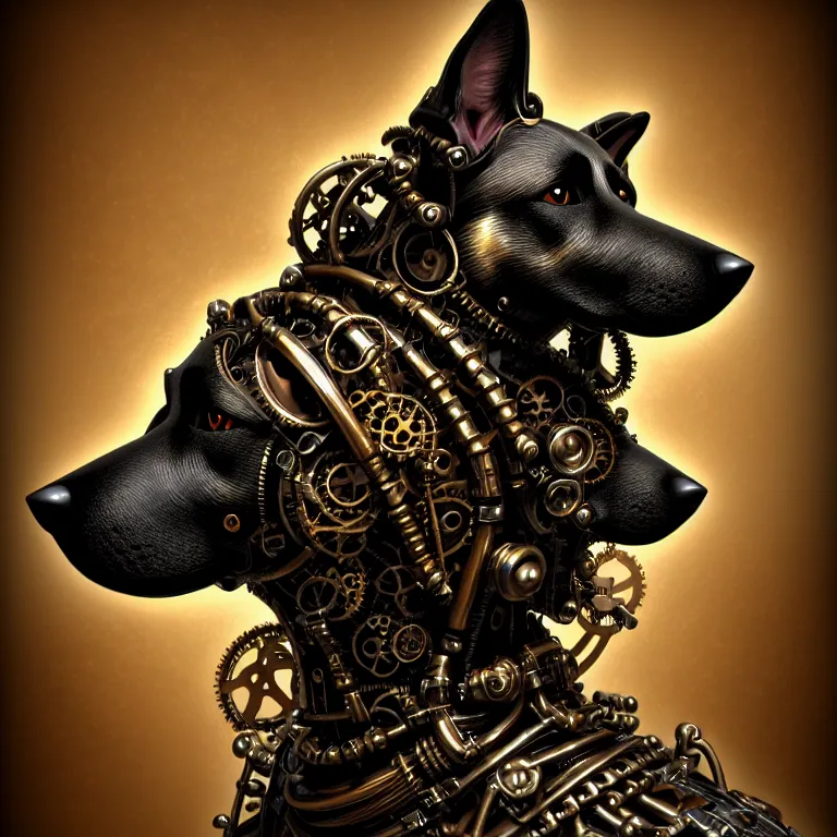 Image similar to steampunk cybernetic biomechanical german shepard, front facing, symmetric, 3 d model, very coherent symmetrical artwork, unreal engine realistic render, 8 k, micro detail, intricate, elegant, highly detailed, centered, digital painting, artstation, smooth, sharp focus, illustration, artgerm, tomasz alen kopera, wlop