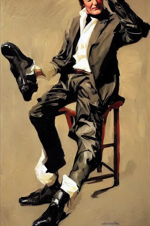 Image similar to quentin tarantino holding feet!!!, licking, painting by jc leyendecker!! phil hale!, angular, brush strokes, painterly, vintage, crisp