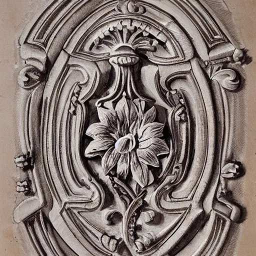 Image similar to a beautiful and masterful engraving decorative ornamental emblem, acanthus, floral, acroteria, arabesque, bead and reel, beams, bocage, cartouche, caulicoli, dentils